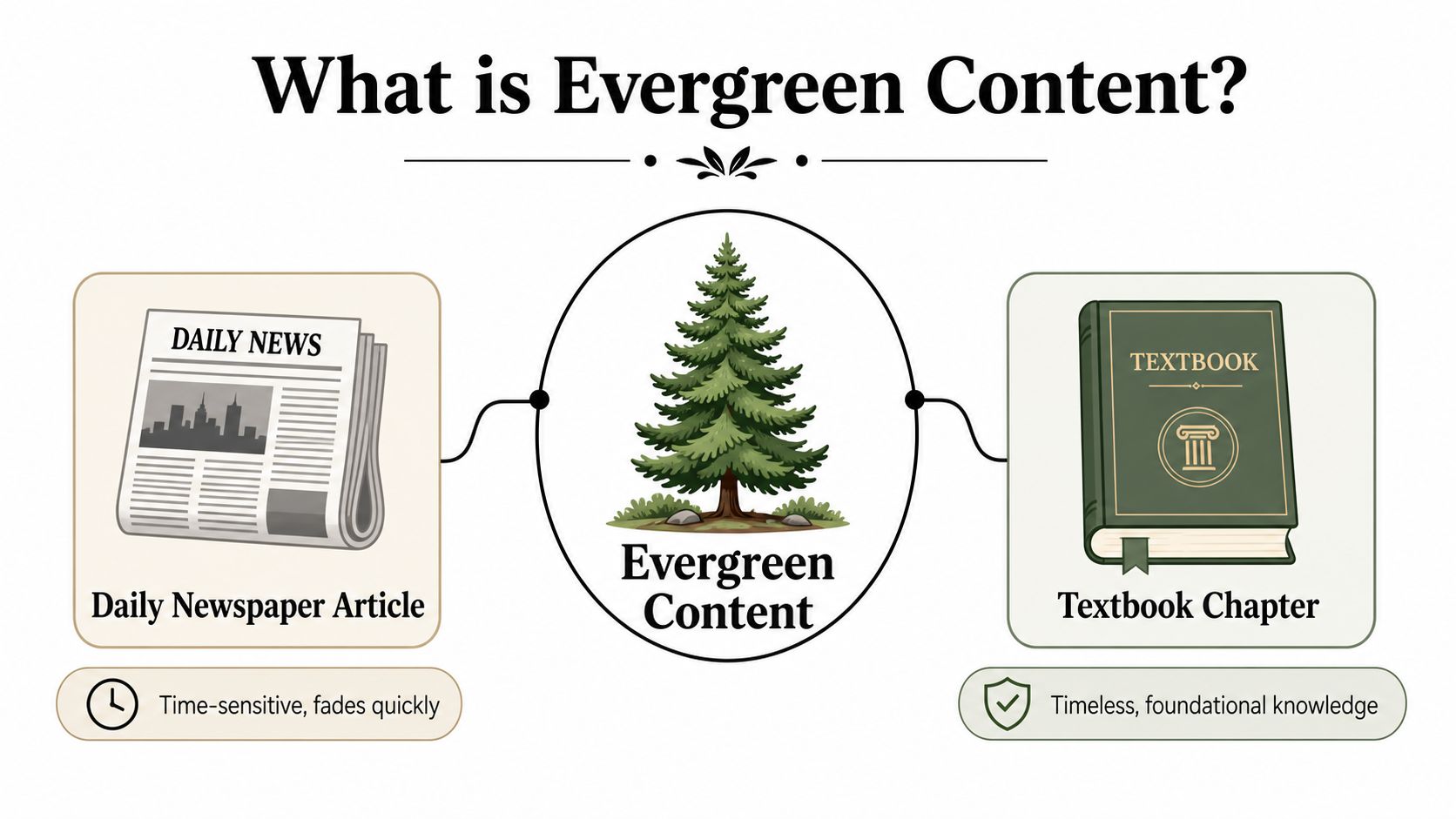 An infographic comparing a daily newspaper article to a textbook chapter to define evergreen content.