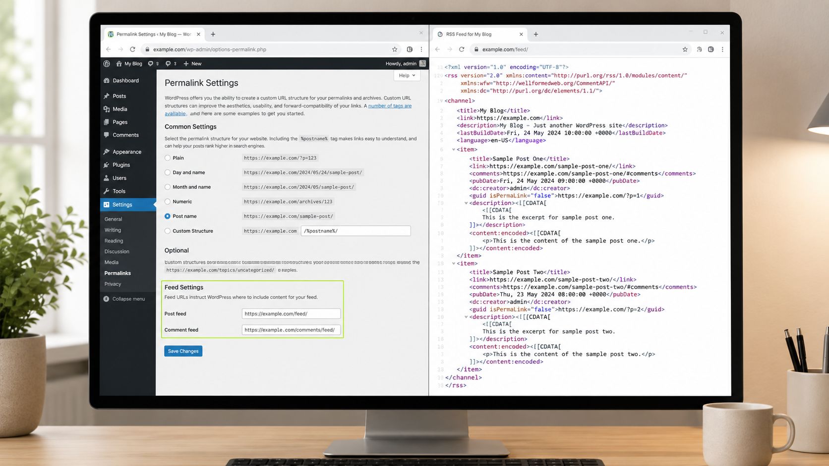 A split screen view showing WordPress permalink settings and an XML RSS feed code on a computer.