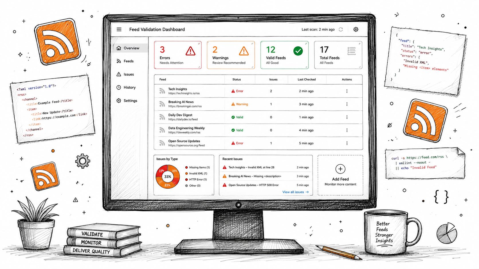 A digital dashboard on a computer screen displaying RSS feed validation statuses and error monitoring data.