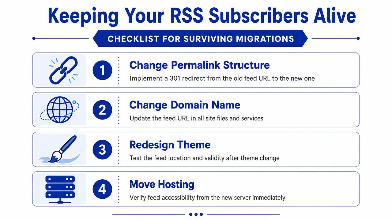 A checklist infographic outlining steps to maintain RSS subscribers during website migrations, domain changes, or redesigns.